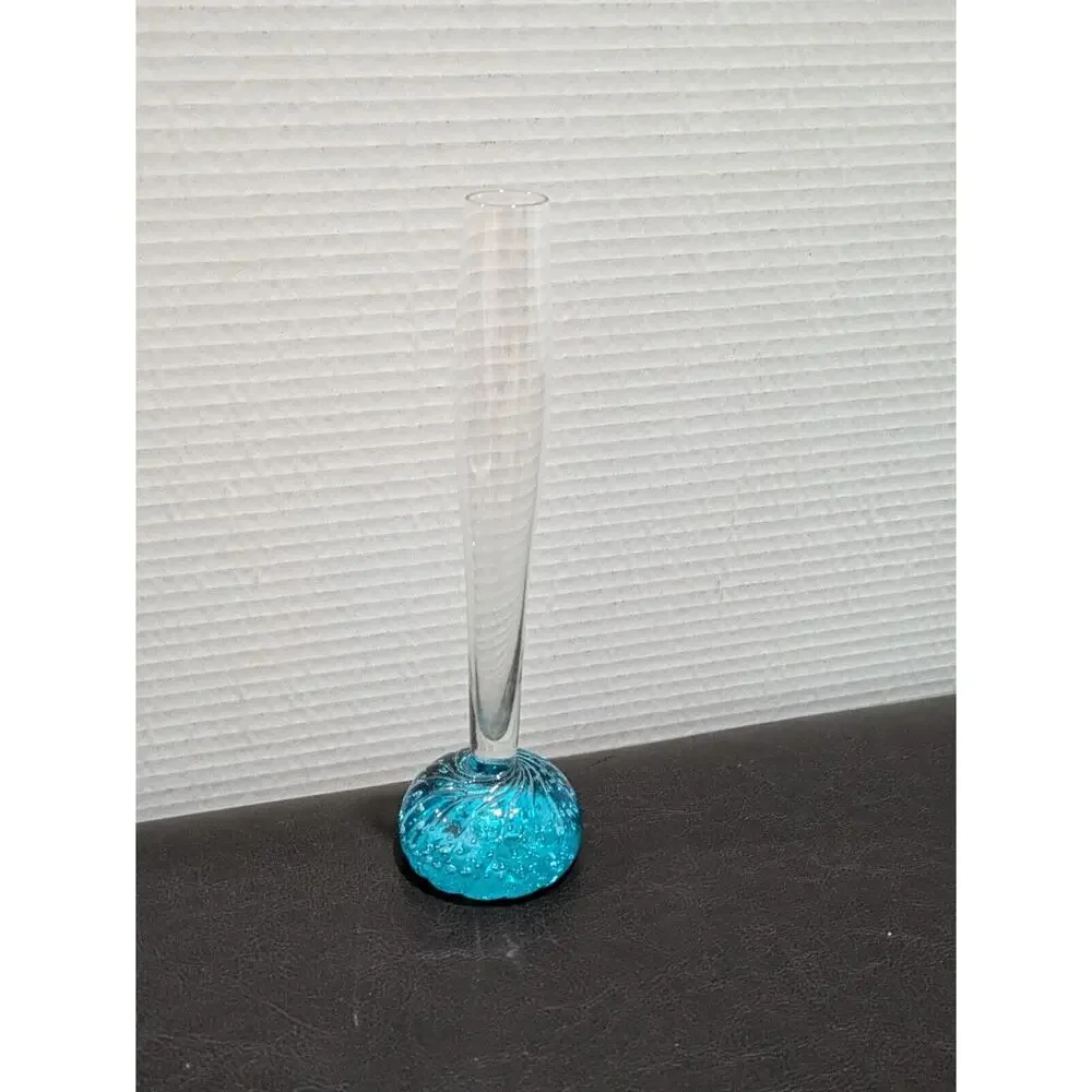 Vintage Retro Mid Century Modern Blue Controlled Bubble Stem Bud Vase 8”‎